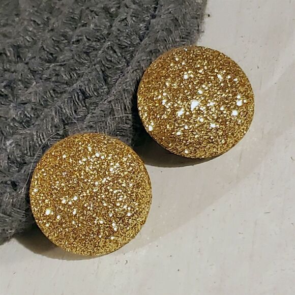 Retro 80s Club Glam Disco Sparkly Gold Fabric Button Earrings - Picture 3 of 8